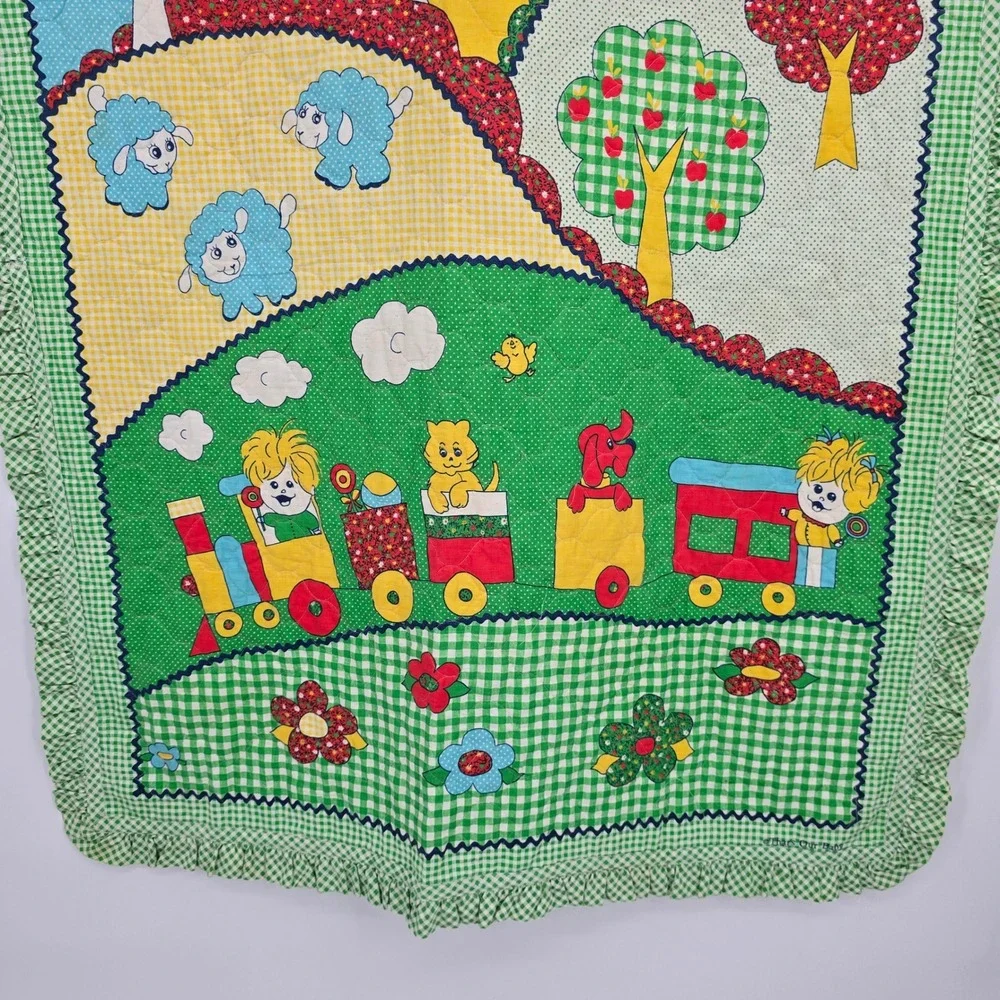 Vintage Thats Our Baby Quilted Nursery Blanket Green Gingham Ruffle Train Sheep